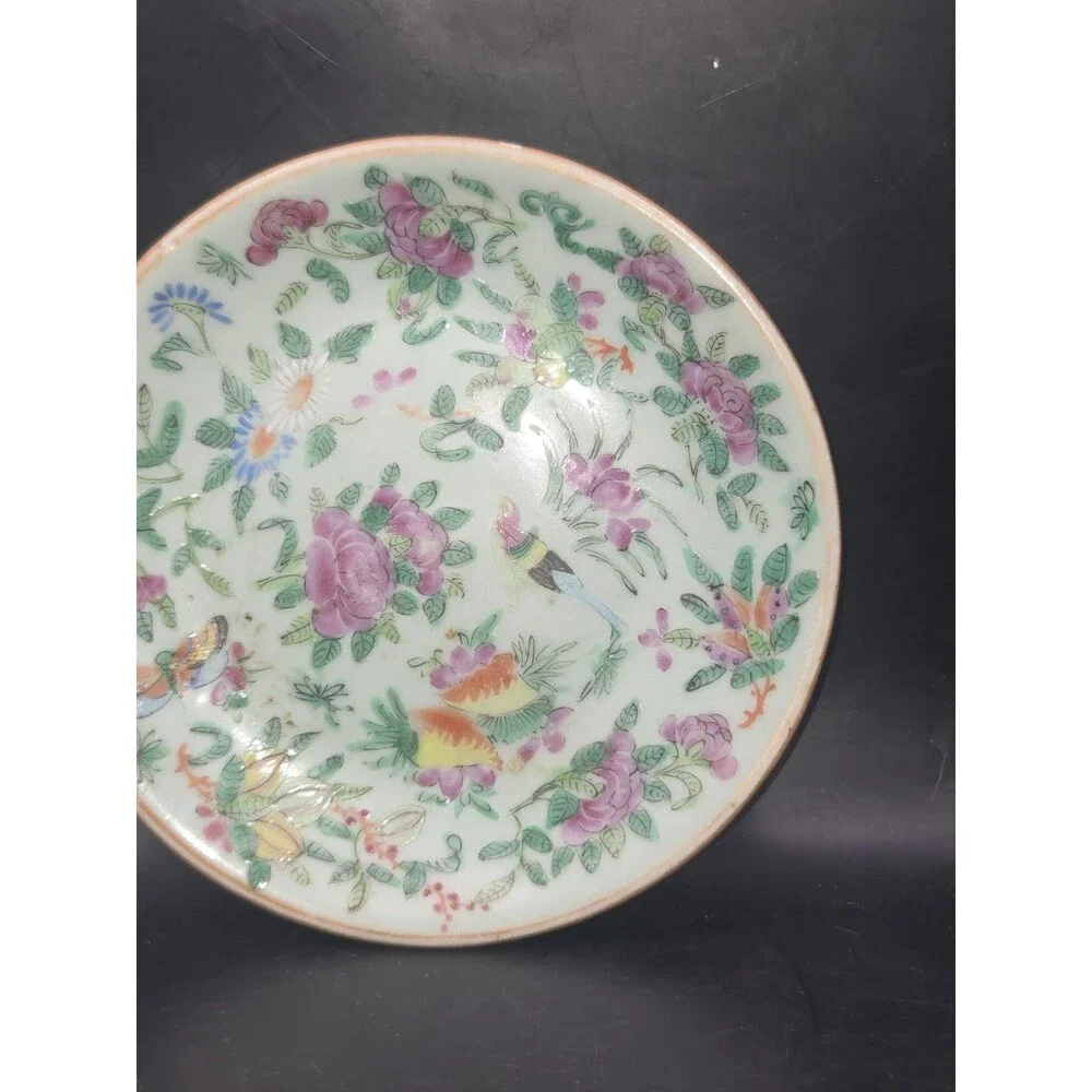 Antique Chinese Celadon Canton Famille Rose Plate 7
